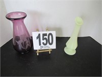 Purple Vase with Etched Iris Design & Milk Glass