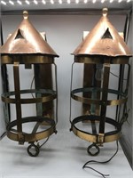 Large Pair Brass Copper Hanging Wall Mount Lights