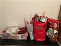 Christmas ribbons, gift bags, and bows.