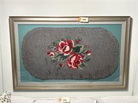 Antique HM Rug framed 51.5 x 32.5 Rose Design