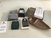 4 calculators; desk calendar holder & organizer