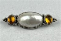 925 Silver Vintage Amber and Pearl Brooch Pin