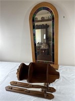 Mirror, wooden shelf, candelabras