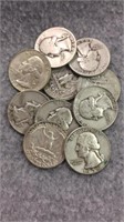10 Silver Washington Quarters- Various Dates
