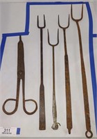 18th C. Hand Wrought Iron Tong & Flesh Forks