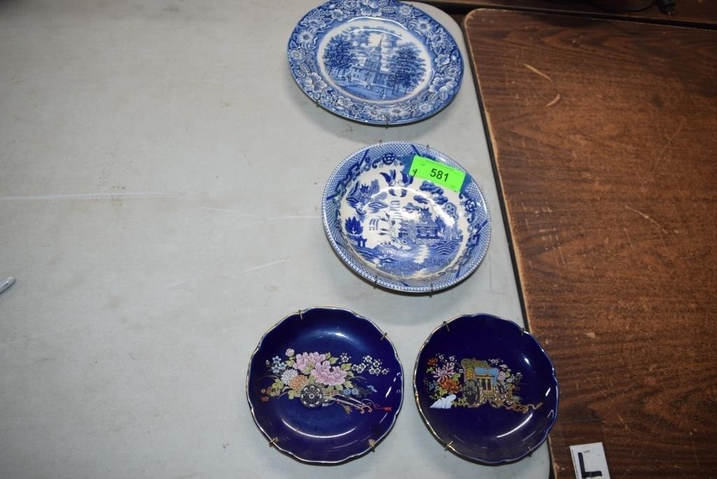 Four Blue Plates with Wall Hangers