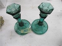 PAIR OF GREEN GLASS CANDLE STICK HOLDERS