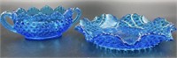 Fenton Blue Hobnail Bowl & Handled Dish Uv