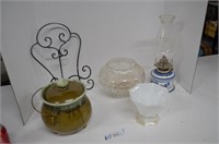Crystal Bowl, Oil Lamp, Milk Glass , Easel