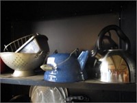 Tea kettle, sauce pan, strainer, misc