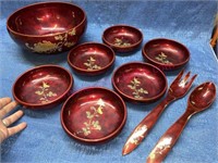 Vtg Japanese hand painted enamelware salad set