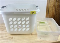 Plastic Containers and Laundry Basket - No lids
