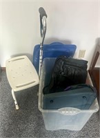 Tote w/ cover, bags, shower stool + cane