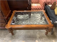 IRON WOOD AND GLASS SCROLL COFFEE TABLE