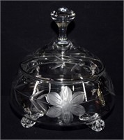 Etched Footed Candy Dish w Lid 6" H