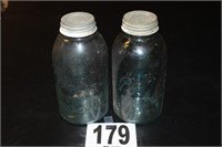 Two Blue Glass 1/2 Gallon Jars
