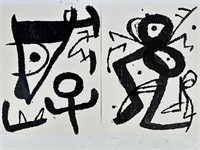 2pc Joan Miro Woodcut Engravings Black and White