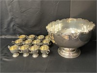 Plated punch bowl & 12 silver on copper cups
