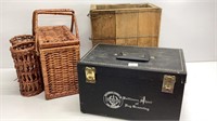 Wicker picnic/wine basket, small arms crate,