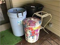 3 TRASH CANS, PLANT STAND