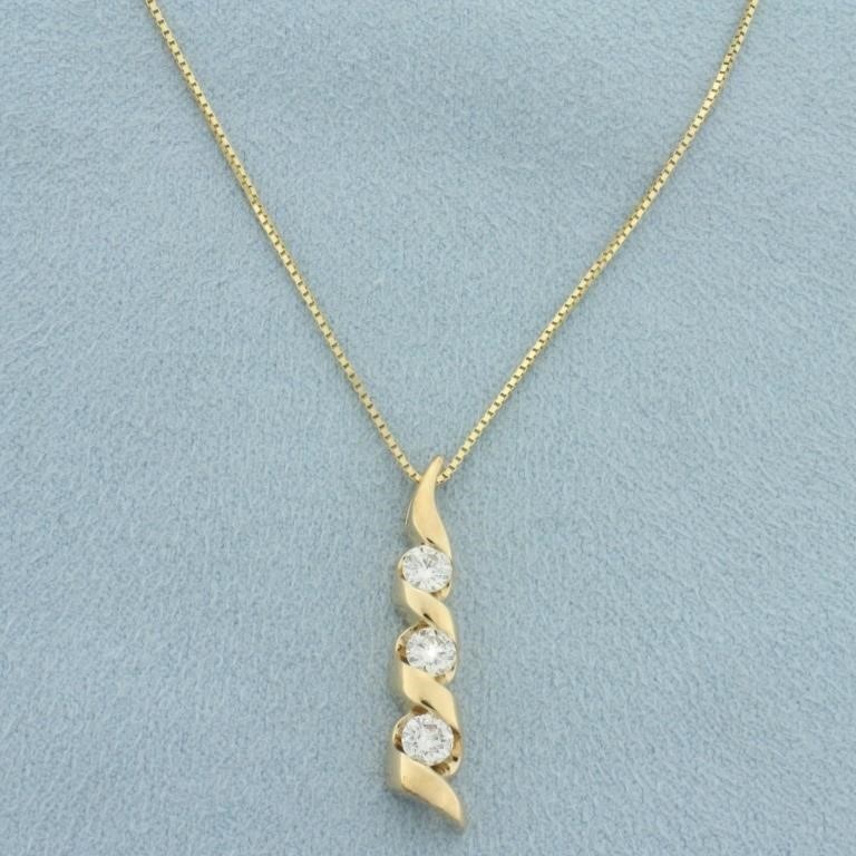 Italian Ribbon Design 3 Stone Diamond Necklace in