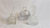 3 GLASS PERFUME BOTTLES W STOPPERS