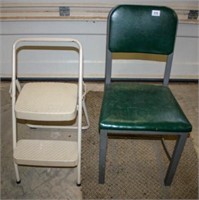 Green Metal Chair and Folding Step Stool