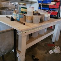 Wood Work Bench on Wheels with book shelf