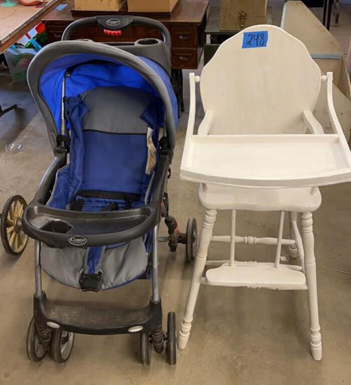 Nice Cosco stroller and wood highchair