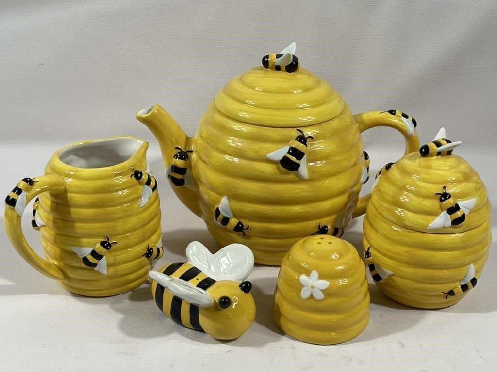 Honeybee Teapot, Sugar Bowl, Creamer and Salt and