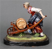 Capodimonte Porcelain Woman Pushing Barrel Figure