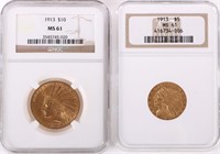 1913 INDIAN HEAD $10 & $5 GOLD 90% COINS MS61