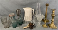 Antique Lot: Oil Lamp, Candlesticks, Glass & More