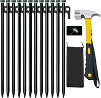 Metal Tent Stakes with Hammer, 12-Pack Heavy Duty