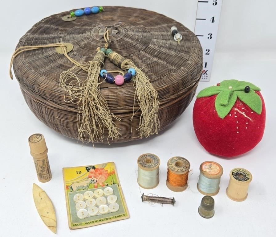 Vintage Sewing Basket & Contents