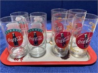 (8) Coca-Cola glasses on tray (2 styles)