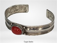 Sterling Silver & Red Coral Cuff Bracelet