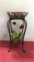 PLANT STAND AND FAKE TULIPS AND CANDLES