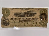 SCARCE 1800's TALLAHASSEE FLORIDA RAILROAD $2 BILL