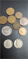 1941 dime, 1964 silver dime and foreign coins