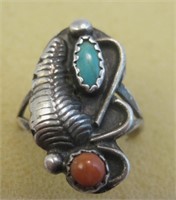 Navajo SS Turquoise & Coral Ring - Tested