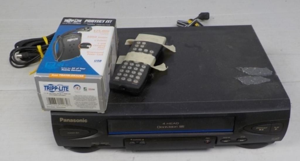 Panasonic VHS with remote and surge protector.