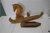 Carved Horse Head, Canoe, Etc