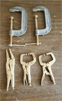 Lot of 3 Vise Grips and 2 C Clamps