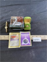 Ring, Watch, Pokemon Cards & Swan Jewelry Box