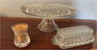 CRYSTAL CAKE STAND, BUTTER DISH, TOOTH PICKER