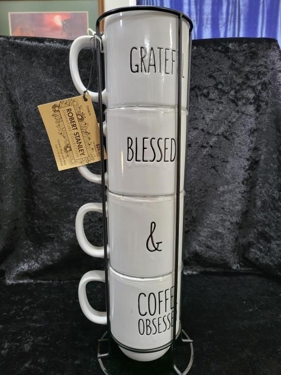 Mug Set with Holder - new Grateful. Blessed &