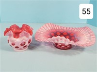 Fenton Cranberry Opalescent Polka Dot Bowl & Vase
