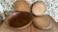 Large carved wooden bowl & 3 Wood bread trays