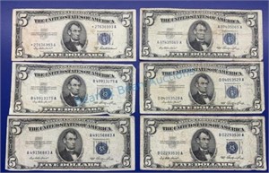 (6) Five dollar silver certificates